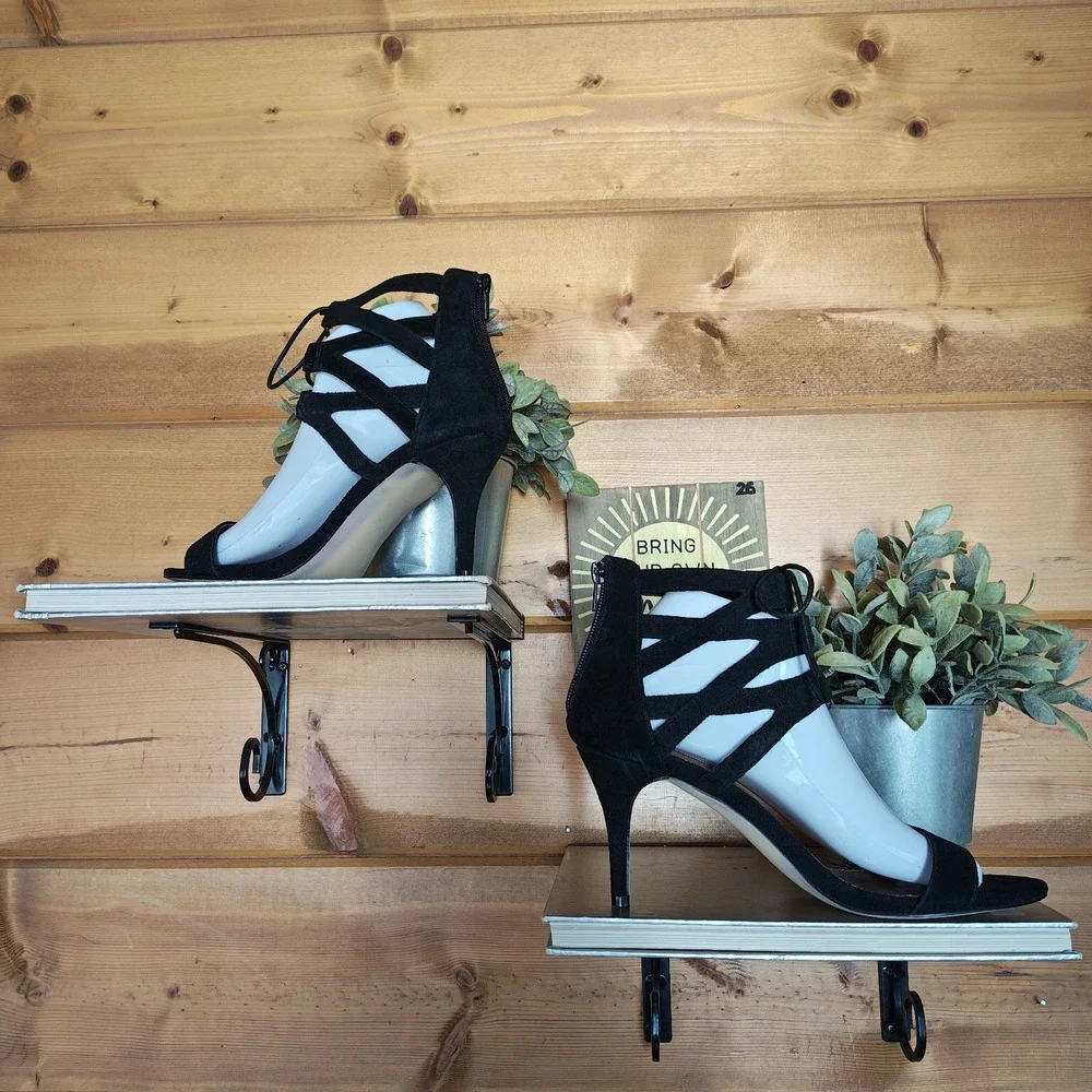 Steve Madden Frankii Black Suede Leather Caged Cutout Stiletto Heel Sandals 8.5M
